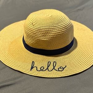 Yellow Straw Hat with Navy Band and Embroidery